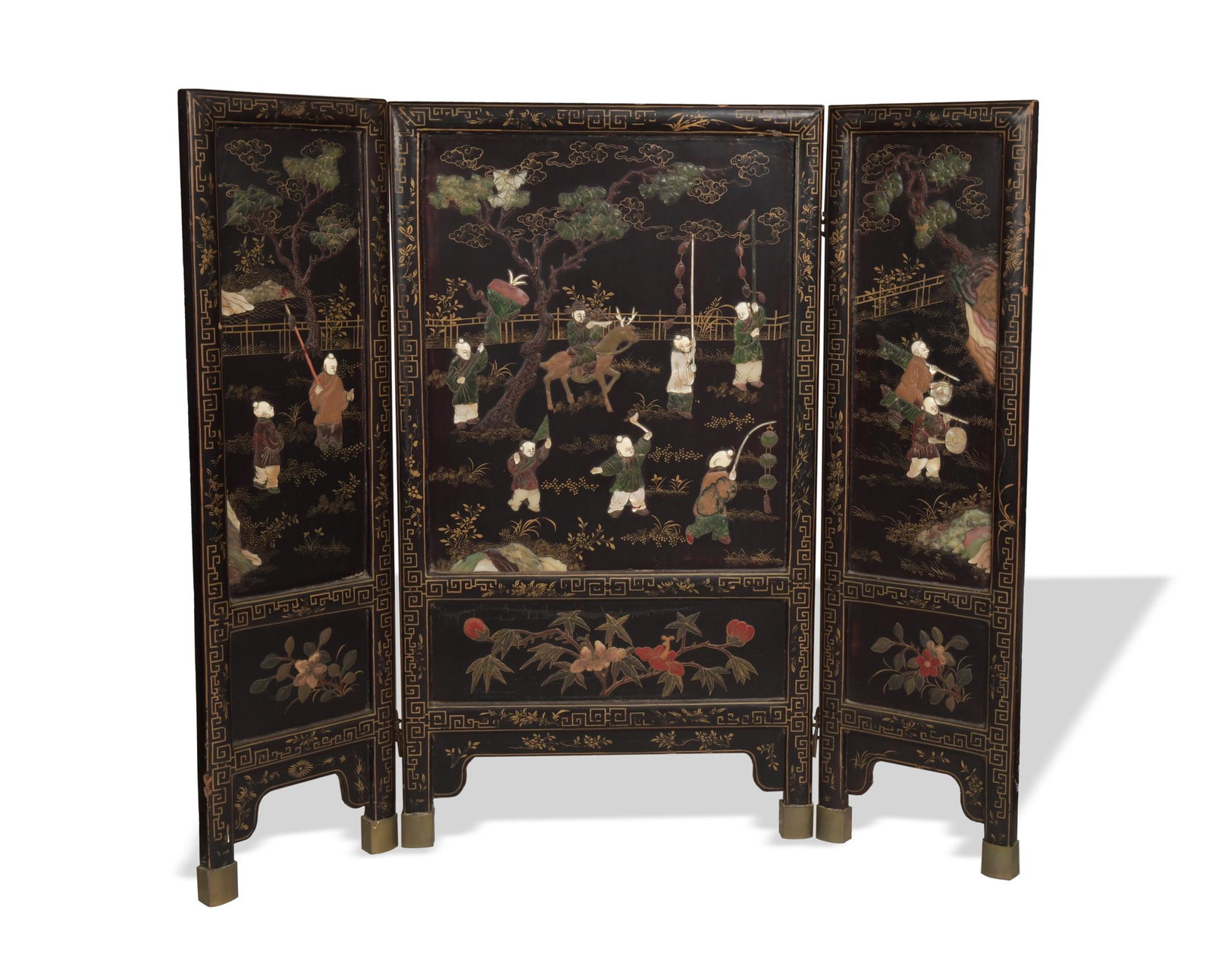 Antique Chinese Lacquer Screen with Hardstone: An antique Chinese lacquer screen decorated with various stones dating to the 18th to the 19th century. The screen features scenes of children playing surrounded by a Greek key border. The bottom pane