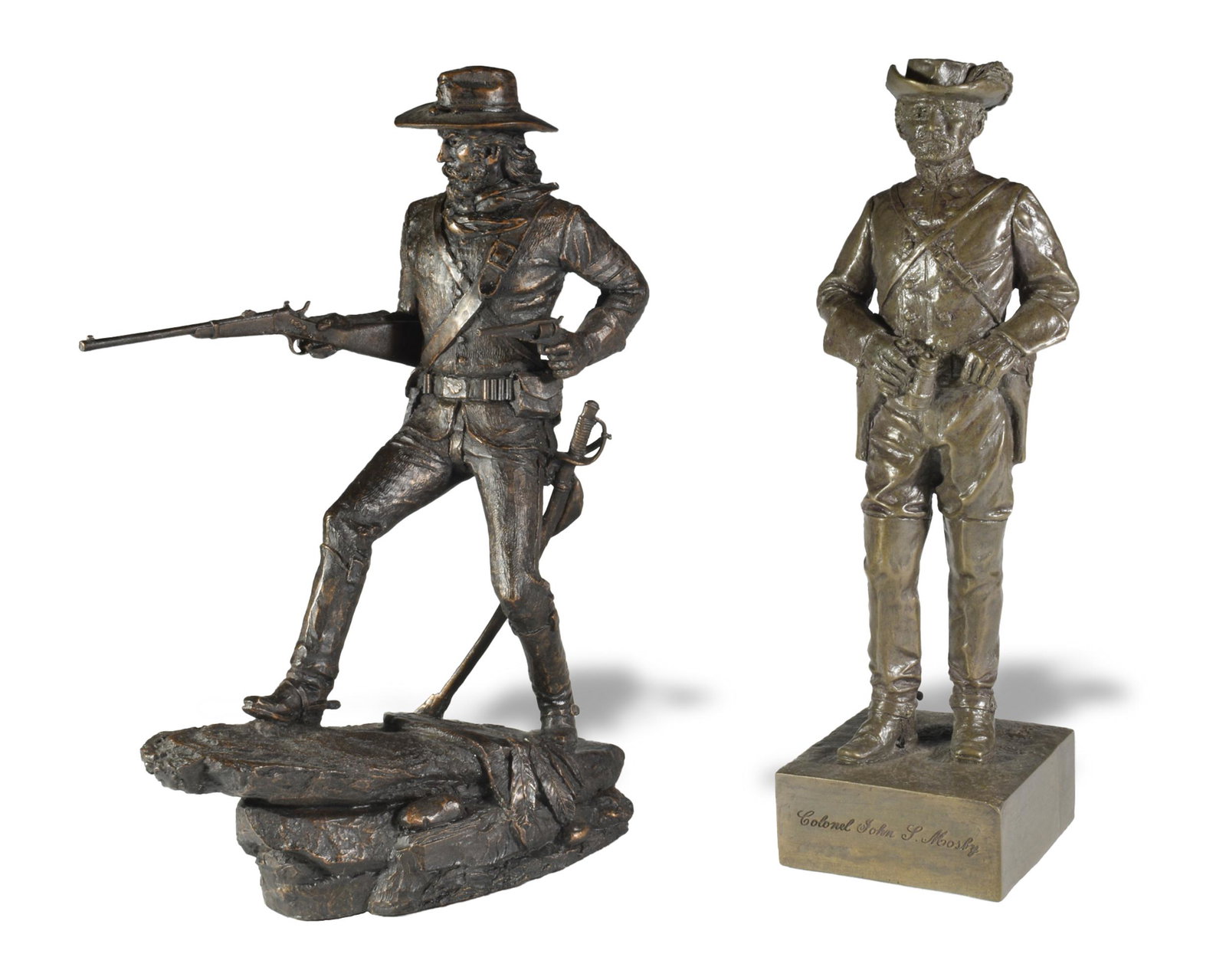 2 Sculptures, The Cavalryman and J. S. Mosby: A group of 2 bronze sculptures. Includes: 'The Cavalryman' by Jim Ponter for The Western Heritage Museum and Franklin Mint; and a bronze resin of Colonel John S. Mosby by Peter Hicks Ltd. Dimensions: 