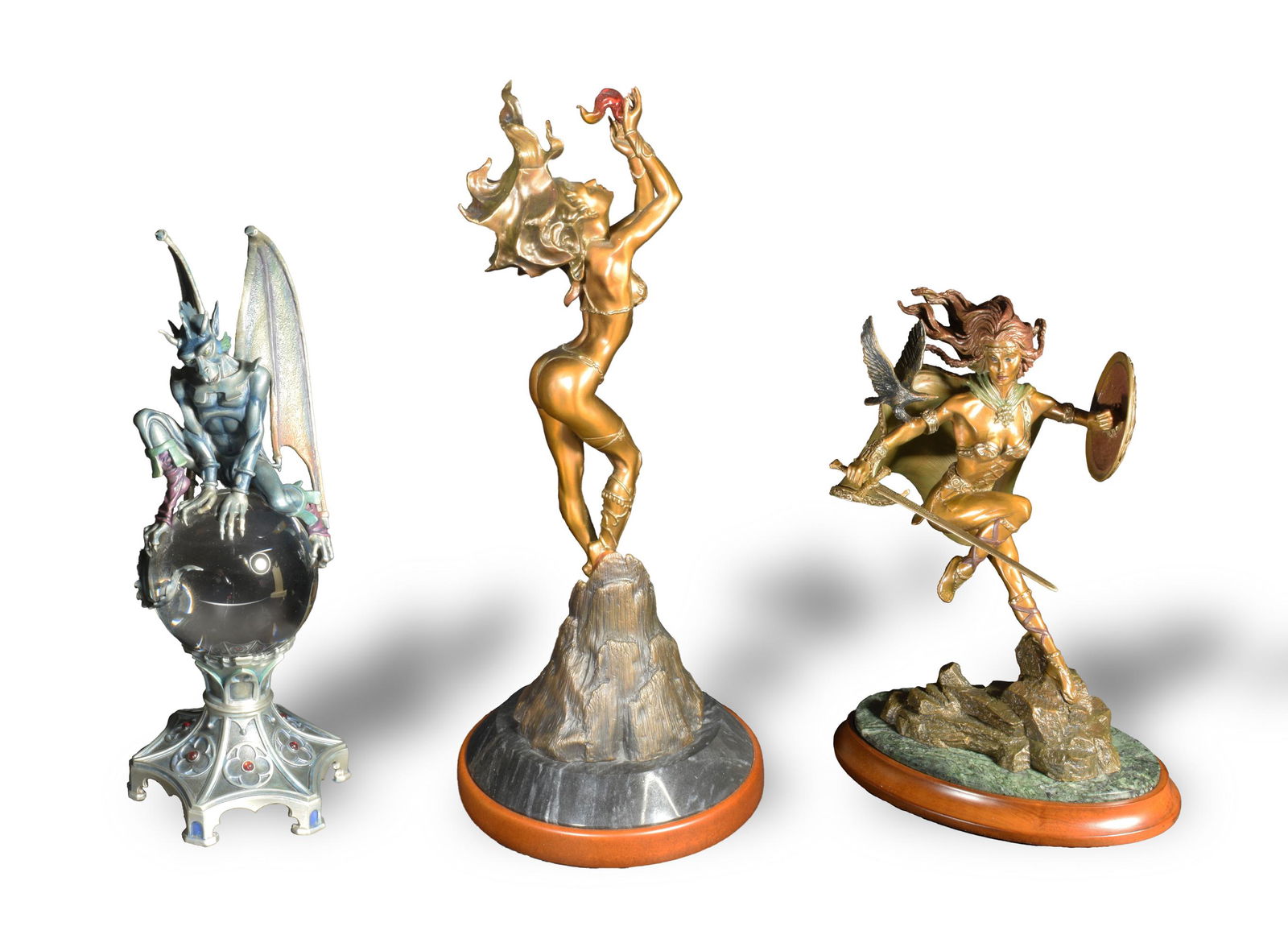 3 Boxed Franklin Mint Fantasy Sculptures, Vallejo: Boris Vallejo (Peruvian, born 1941) for Franklin Mint, bronze. Includes 'Mistress of Fire' by Boris Vallejo and depicts a female with a red dancing flame in her hand levitating over a volcano on a mar