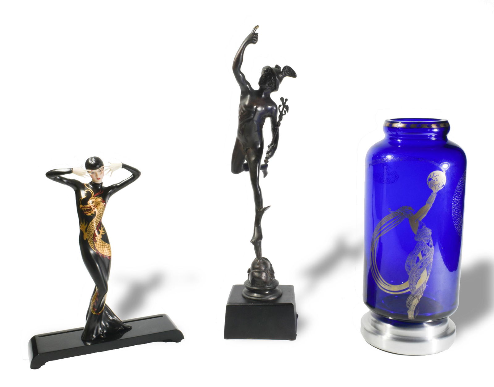 Erte Glass Vase, Bronze Mercury and Porcelain Figure: Erte (Romain de Tirtoff, Russian-French, 1892-1990), glass. The vase, titled Blue Fireflies, stands on the original aluminum base. The group also includes a boxed Franklin Mint porcelain figure titled