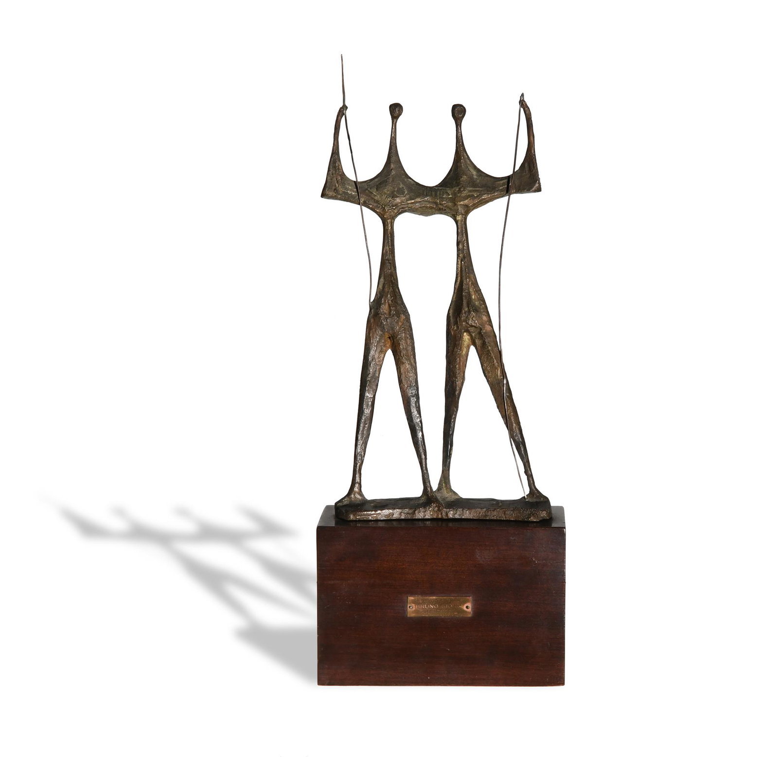 Bruno Giorgi,: Bruno Giorgi (Brazilian, 1905-1993) bronze and wood. Depicted are two figures holding spears, and it is mounted on a wooden stand containing a bronze plaque with the artist's name. Dimensions: 15 inch