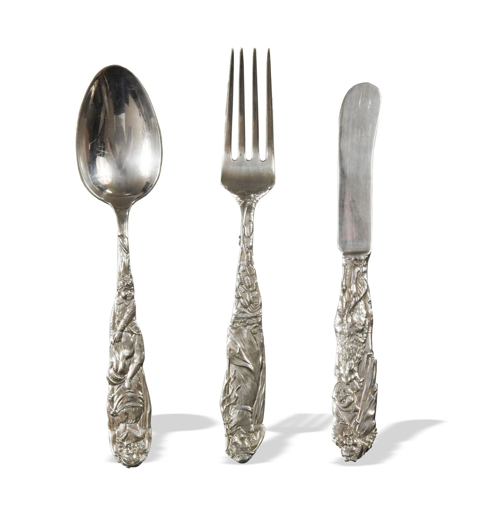 Tiffany, 3 Piece Sterling Nursery Rhyme Child Set: Tiffany & Co. (American, founded 1837) sterling silver, circa 1900. A child's set of three utensils including a Jack and Jill spoon; a Little Red Riding Hood knife; and a Little Bo Peep fork. All piec