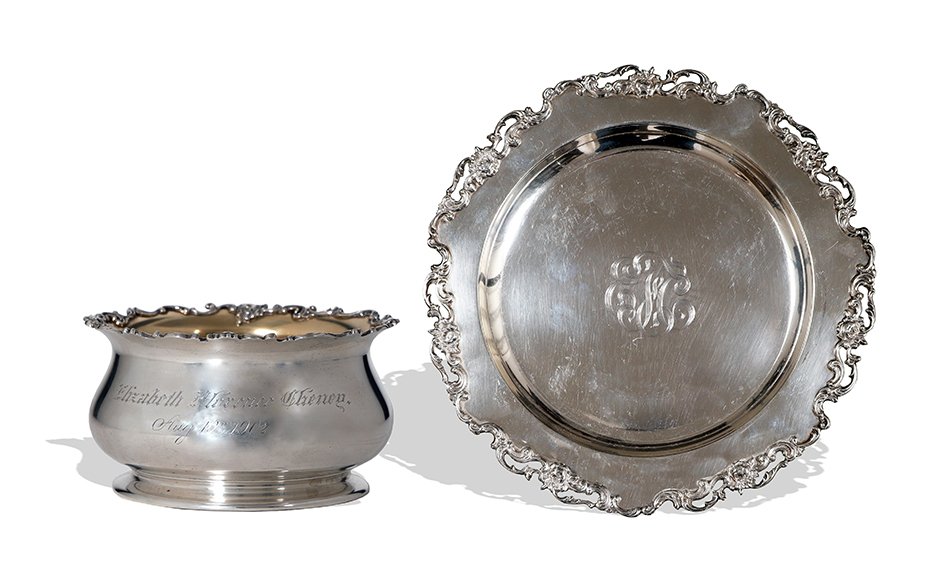 Gorham Sterling Child: Gorham Manufacturing Company (American, 1831) sterling silver. The bowl is pattern A1463 and is engraved Elizabeth Florence Cheney, Aug. 10th, 1902. It has a matching underplate with monogram, pattern