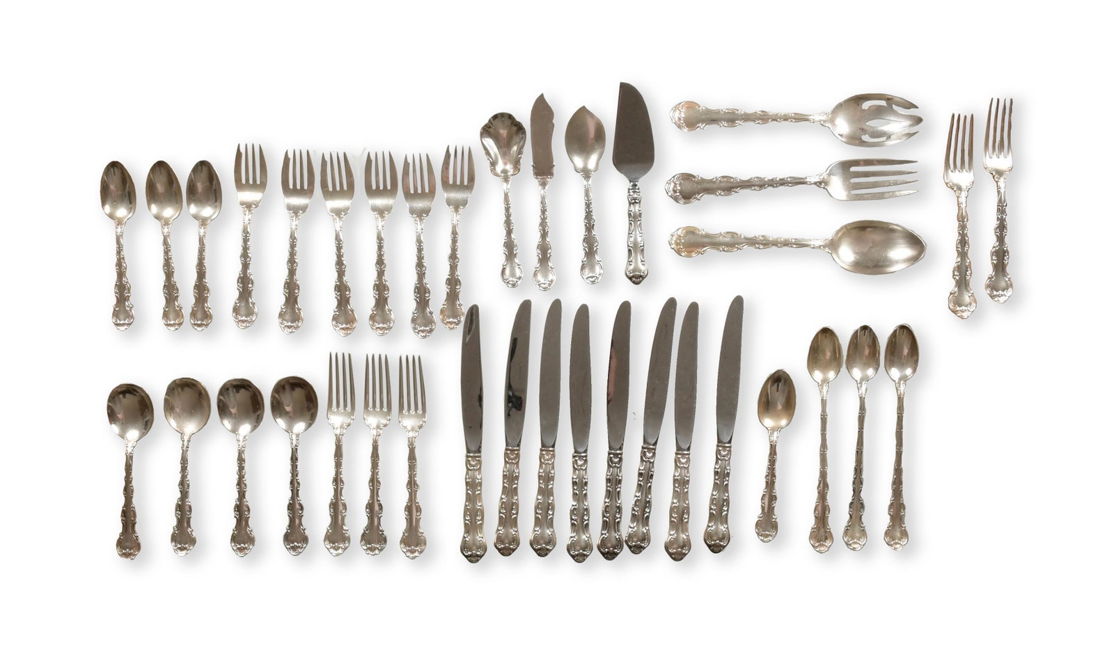 Gorham Strasbourg Sterling Flatware, 37 Pieces: Gorham silver (American, founded 1831) sterling silver and stainless steel. No monograms. A group of 37 silver flatware pieces. Includes 8 knives with a stainless steel blade and a sterling silver han