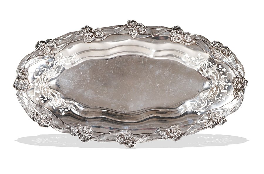 Theodore B Starr Art Nouveau Iris Sterling Tray: Theodore B. Starr (New York, founded 1862) sterling silver, pattern 403X, circa 1900. An Art Nouveau celery tray featuring Iris flowers, vine tracery, and a foliate border. Either end features a pierc