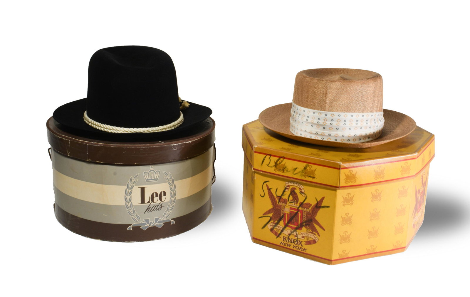 Pair of Vintage Men's Fedora & Panama Hats: A pair of vintage men's hats including a Straw Panama by John Cavanagh Ltd. in original retailers box from Knox, size tag dates it to circa 1960, size 7 3/8; and a Lee felt hat with water-bloc in the 