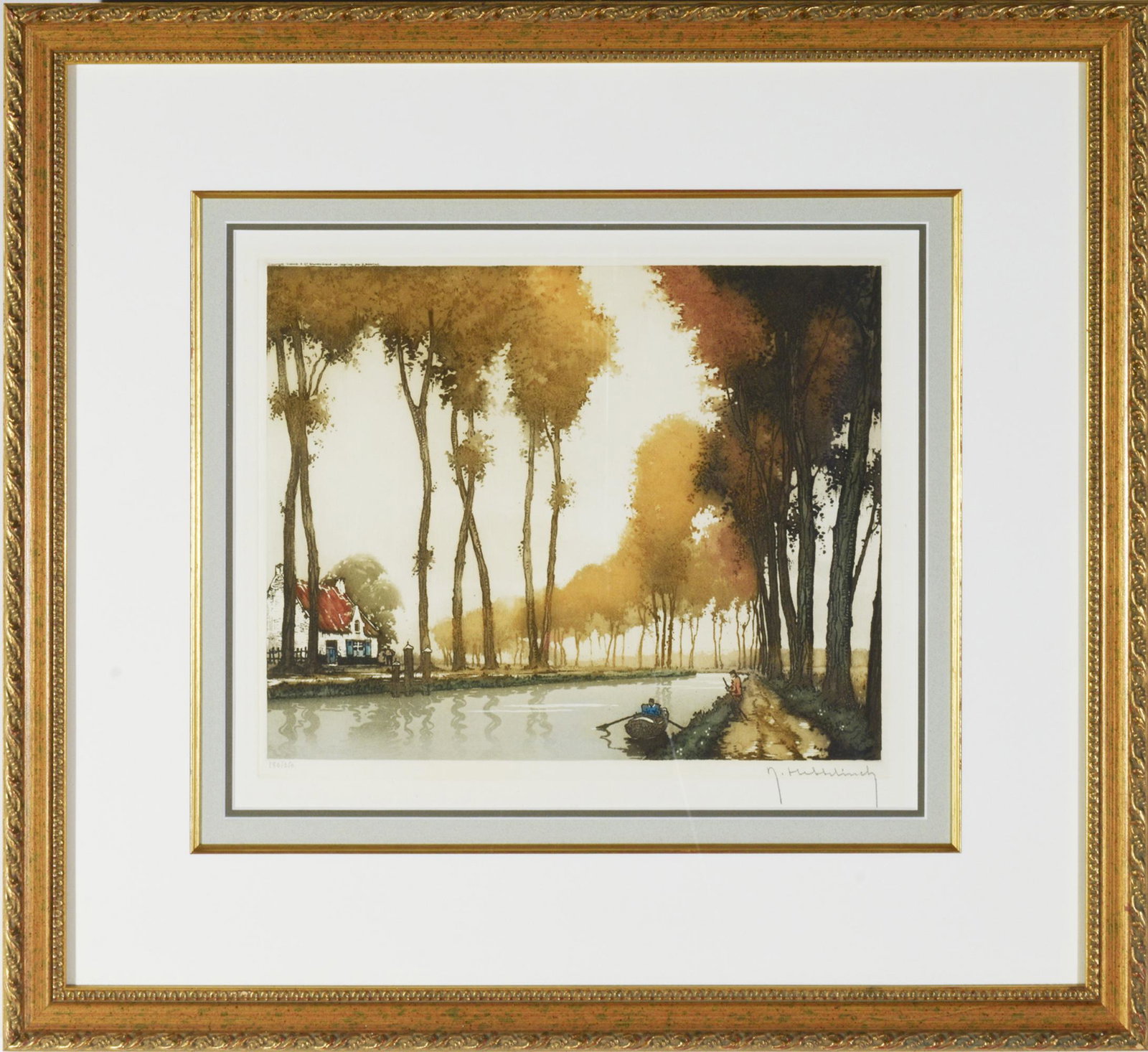 Roger Hebbelinck Signed Color Etching 280/350: Roger Hebbelinck (Belgian, 1912-1989) signed color etching numbered 280/350. The painting depicts a canal scene. Dimensions: 11 3/4 inches tall X 13 3/4 inches wide; 29.8 cm tall X 34.9 cm wide, the f