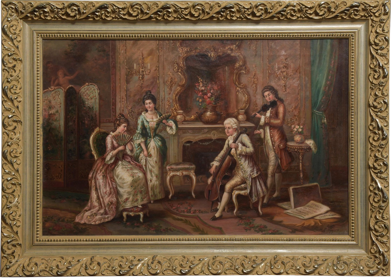 Hans Pingerra, Untitled Oil on Canvas: Hans Pingerra (Austrian, 20th century) oil on canvas. An untitled composition featuring two musicians serenading two women. It is signed in the lower right corner. Dimensions: 17 3/8 inches tall X 27 