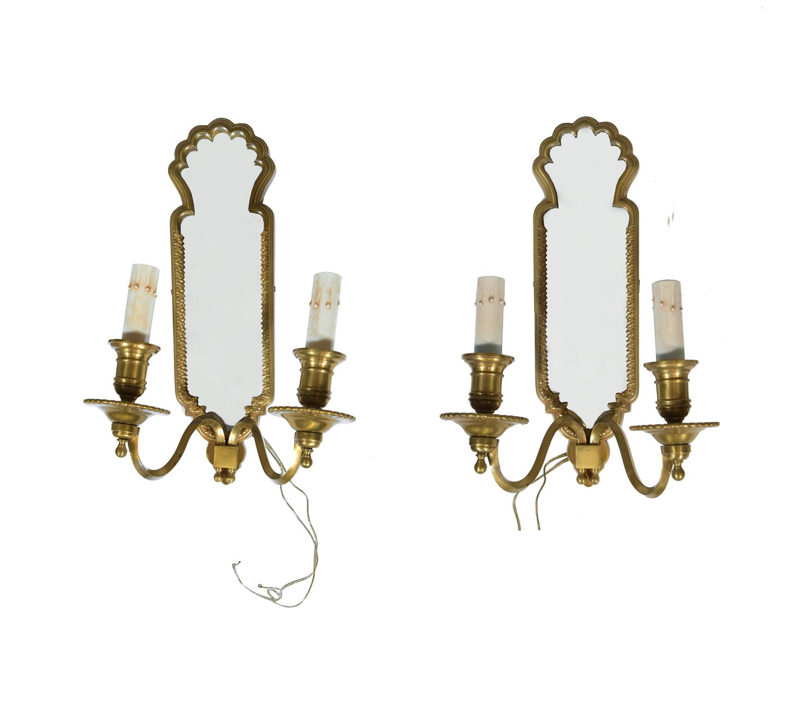 Pair of French Bronze Mirrored Wall Sconces: A pair of 20th century mirrored, French, two arm wall sconces. Dimensions are: 13 7/8 inch tall X 9 3/4 inch wide X 6 1/2 inch deep; 35.24 cm tall X 24.8 cm wide X 15.7 cm deep. All measurements are a