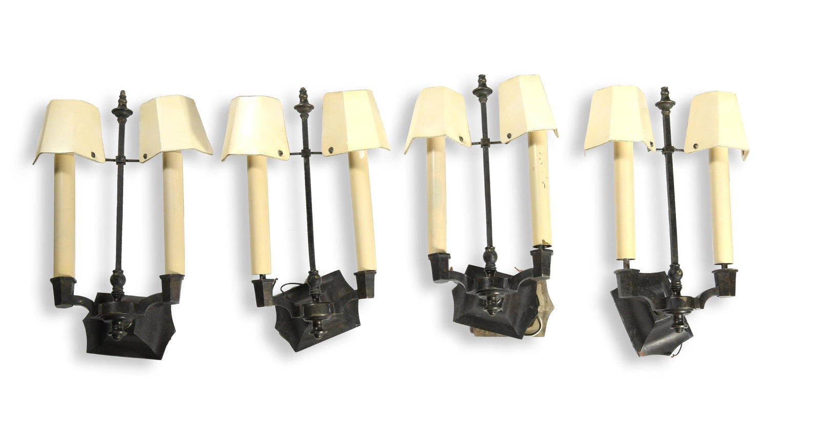2 Pair of French Wall Sconces with Shades: Four wired aluminum wall sconces with shades in a French arts and crafts style. Dimensions are: 16 1/2 inches tall X 11 inches wide X 6 inches deep; 41.9 cm tall X 28 cm wide X 15.2 cm deep. All measu