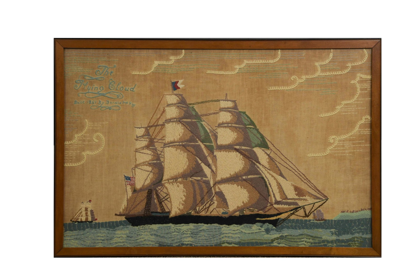 1933 Needlework of The Flying Cloud Clipper Ship: Needlework by Adele J. Bullock, dated 1933. Needlework portrays the Flying Cloud clipper ship built in 1851 by Donald McKay. Dimensions are: Sight, 20 1/8 inches tall X 31 1/4 inches wide; 51.1 cm tal