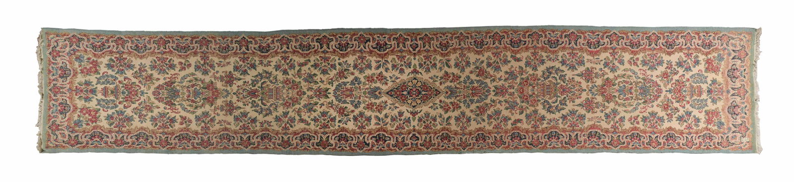 Semi Antique Persian Kerman Runner 164 x 30 Inches: Mid-20th century Kerman runner. Comes with copy of 1992 purchase receipt. Dimensions are: 164 1/2 inches X 30 1/2 inches; 4.18 m X 77.5 cm. All measurements are approximate. Condition: Some aging. Pro