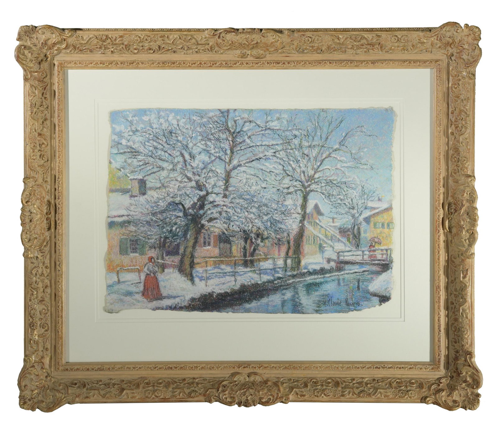 H. Claude Pissaro Pastel Snow Scene: Hugues Claude Pissaro (French, B.1935) pastel French snow scene along a canal or creek. Comes with Stern Gallery exhibition material and a copy of the original 1992 purchase receipt. Dimensions are: S