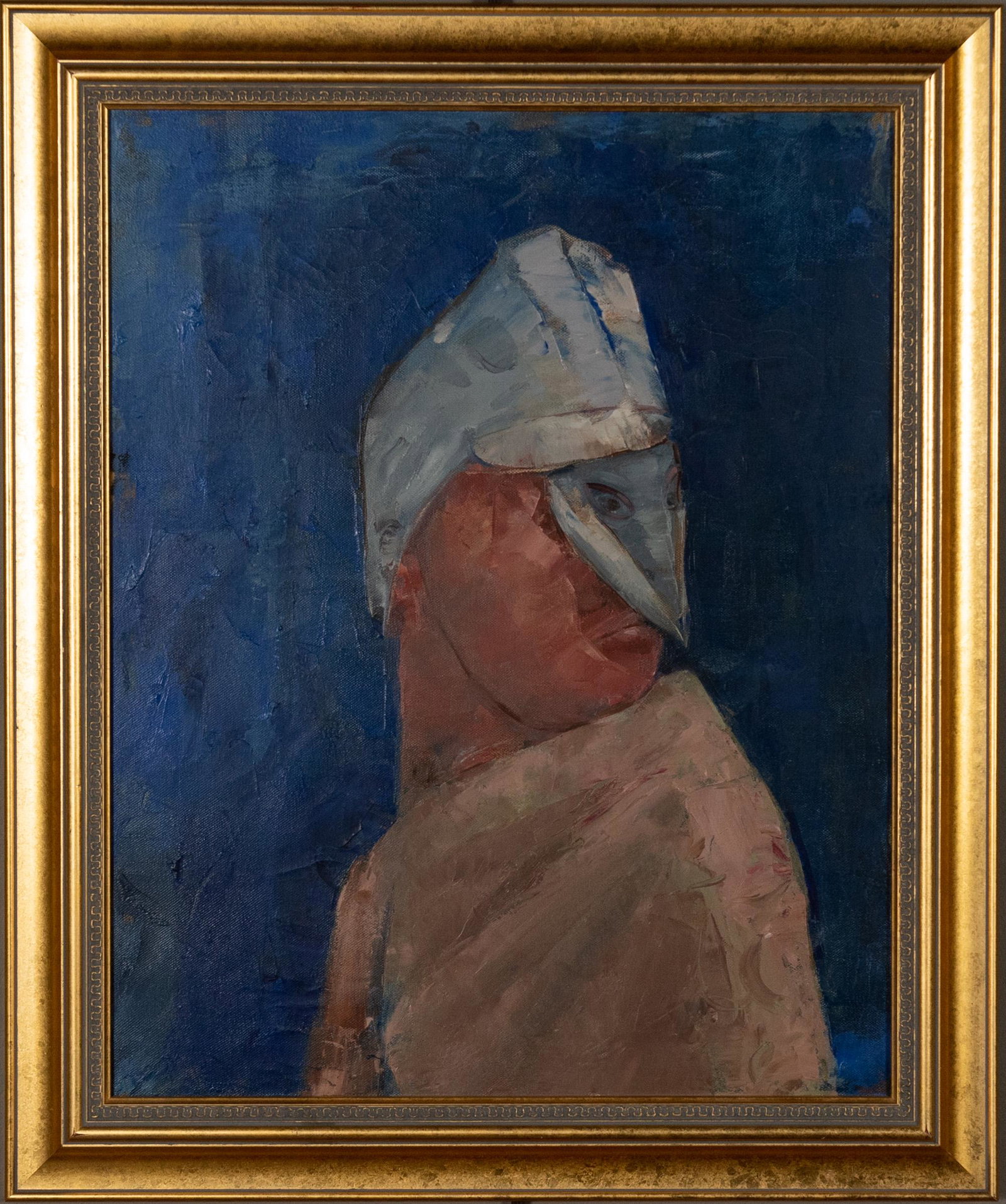 Dean Richardson, 'Bird Mask': Dean Richardson (American, B. 1931) acrylic on canvas, 1987. Depicted is a man with a bird mask on a blue background. It is signed, dated, and titled on verso. This is a piece from Dean Richardson's W