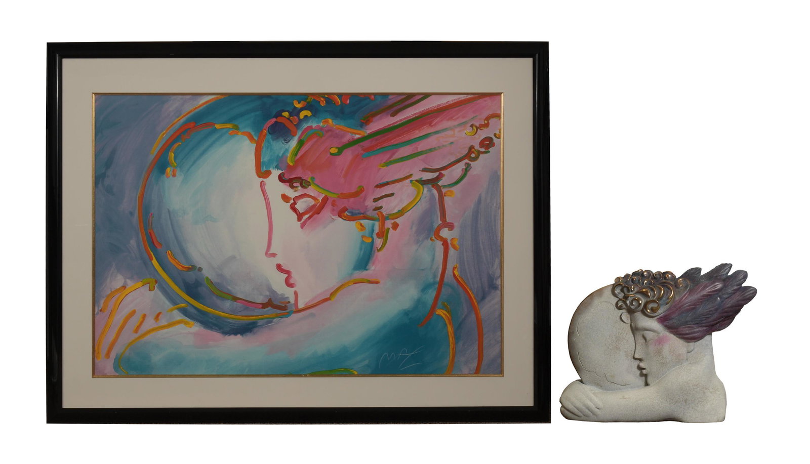 Peter Max Bronze & Litho 'I Love the World' 16/250: Hand-painted bronze from 1991 no. 16/250 with matching lithograph also no. 16/250 and a copy of the original purchase receipt. Dimensions are: Litho: Sight, 39 1/2 inches X 26 1/2 inches; 97.8 cm X 67