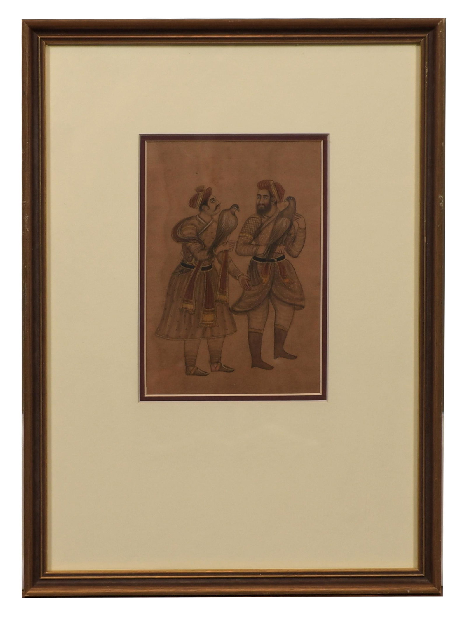 19th - 20th Century Painting of Nobles with Falcon: A 19th or 20th century Mughal miniature of falconers. Verso with label stating 'Painted by Chaganlal.' Framed by Merlin Frame Makers in Singapore in 1984. Dimensions are: Frame size: 14 1/2 inches tal