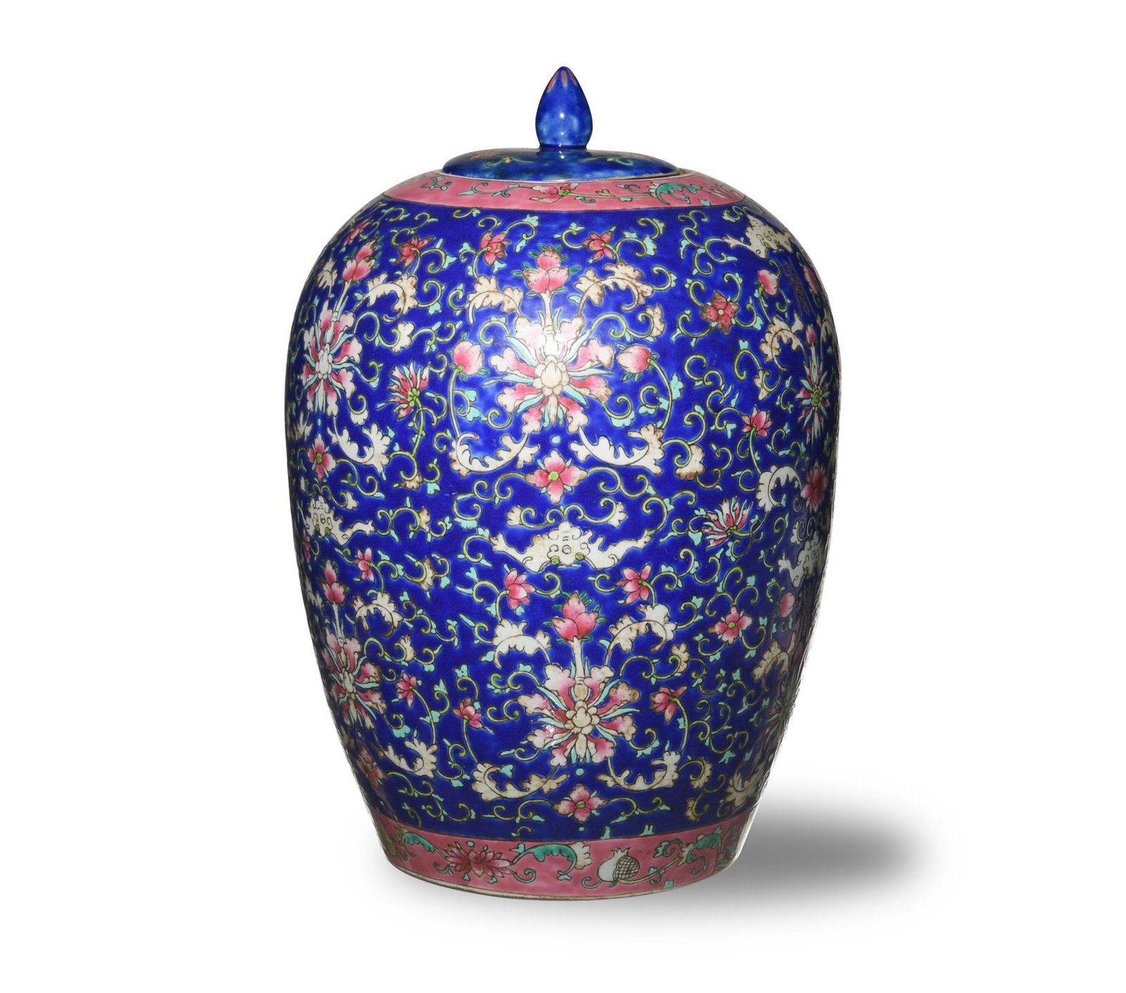 Chinese Blue Ground Ginger Jar: A Chinese blue-ground ginger jar and lid with floral patterns, bats, and Chinese calligraphy. Jar has a signature glazed on base. Dimensions are: 12 1/2 inches tall X 8 5/8 inches diameter; 31.7 cm ta