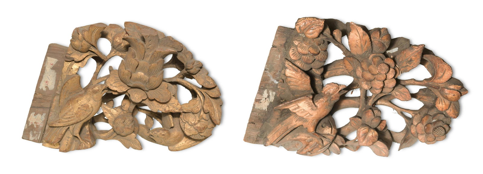 2 Gilt Carved Wooden Pieces, 19th Century: Two architectural wooden elements featuring gilt birds and flowers. One piece has a red stamp, and the other has a white stamp. Dimensions are: 12 inches tall X 9 1/2 inches wide X 4 inches deep; 30 c