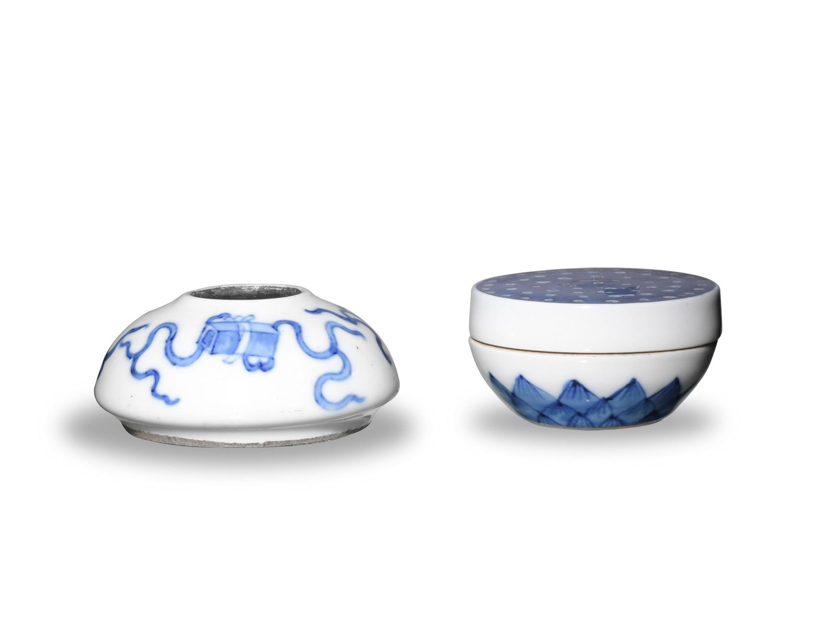 2 Chinese Blue & White Scholar, 18th - 19th Century: Two blue-and-white, Chinese scholar's items dating from the 18th or 19th centuries. Includes a brush pot and stamp box with a white field and blue glazing. Brush pot has a wax stamp and paper tag writ