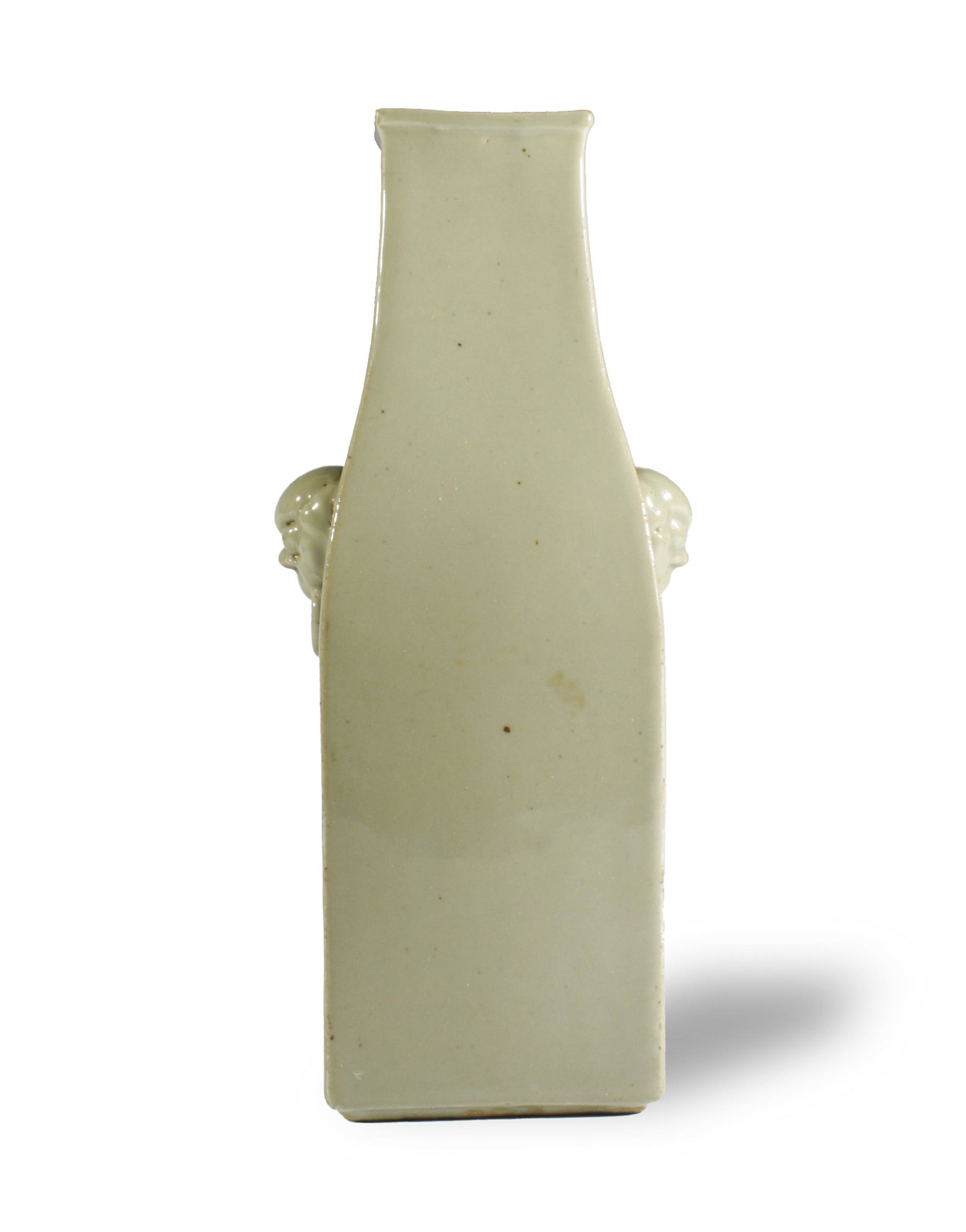 Chinese Celadon Square Vase, 19th Century: Celadon square vase in green glaze with the head of mythical beasts for handles. Wax seal on verso of vase. Dimensions are: 10 3/4 inches tall X 3 5/8 inches wide; 27.3 cm tall X 9.2 cm wide. All meas