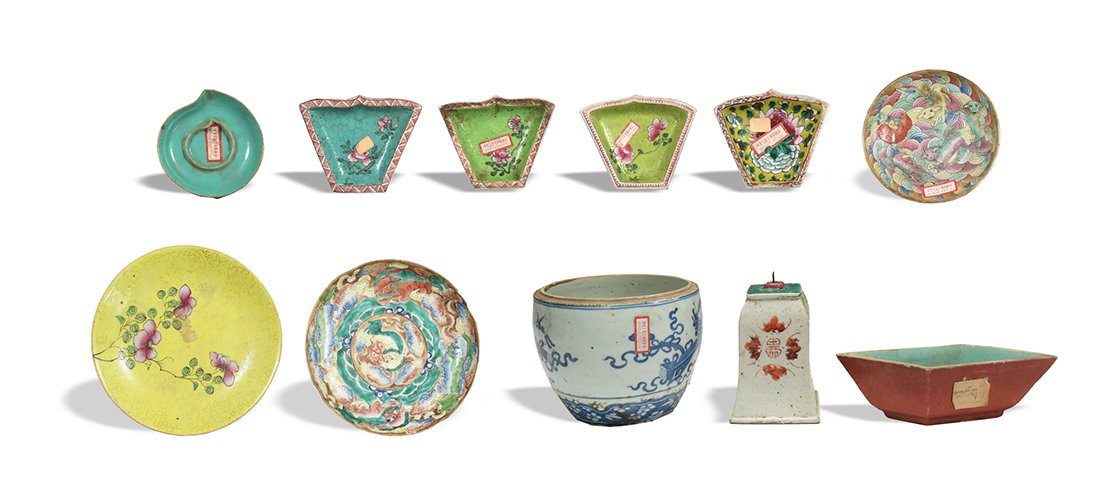 11 Chinese Famille Rose Porcelains, Qing: Diverse lot contains four sectional plates in various sizes and styles; a seal-stamped, Rhombus-shaped red and teal planter with paper tag; a signed and sealed candle holder with bats, dragon, and Chi