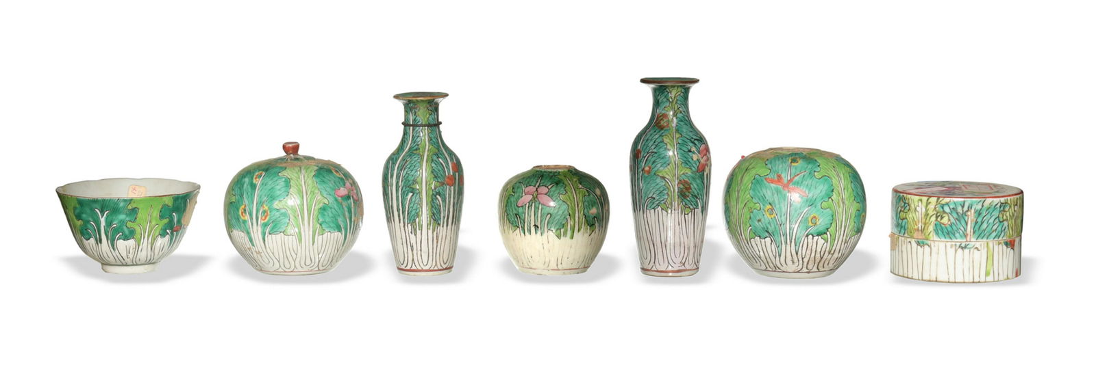 15 Chinese Famille Rose Porcelains, 19th Century: A group of 15 Chinese famille rose porcelain items dated to the 19th century. Included in this lot are two miniature vases, one cup, three ginger jars, one lidded box, one candle holder, three large p