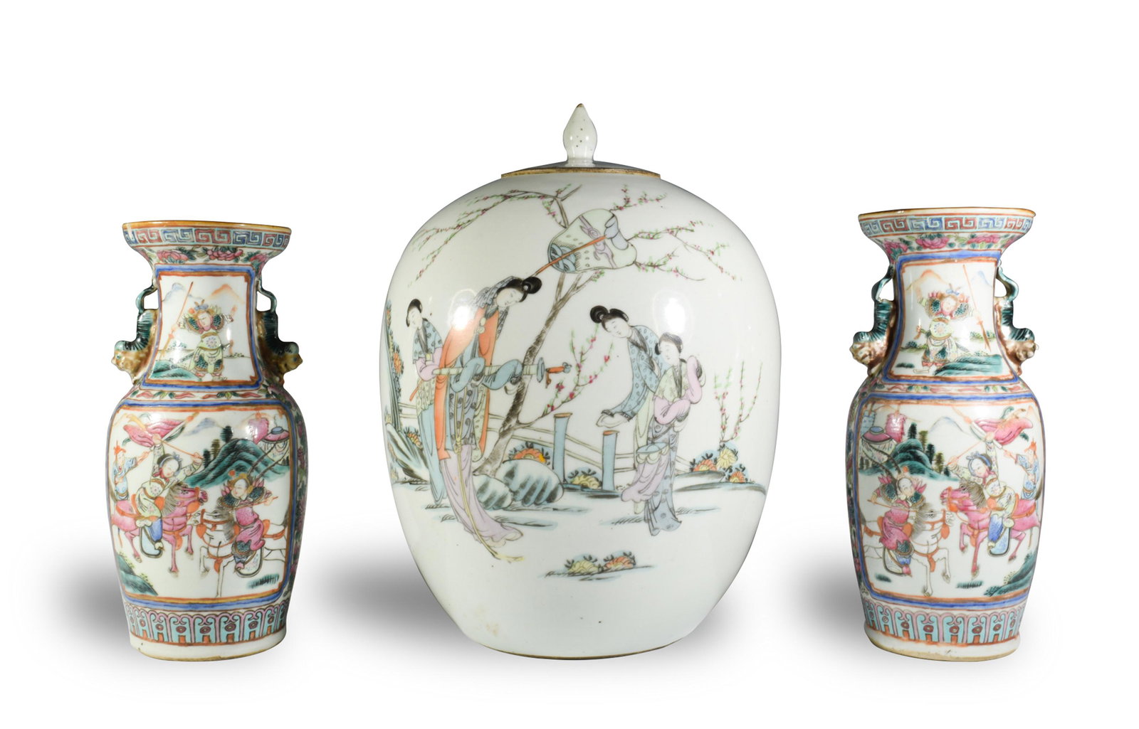 3 19th Century Chinese Porcelain Ginger Jar & Vases: A 19th century Chinese ginger jar and lid with inscriptions. A pair of 19th century scenic vases with Fu dog handles. Dimensions are: Largest, 12 1/2 inches tall X 9 1/4 inches dia.; 31.7 cm tall X 23