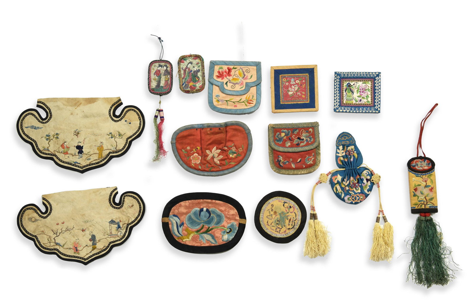 Group of Chinese Embroidered Handbags, 19th Century: A group of 19th century items with Chinese embroidery, some with the forbidden stitch. Includes: five embroidered bags or change purses, two halves of an unfinished bag, two small squares, a small cir