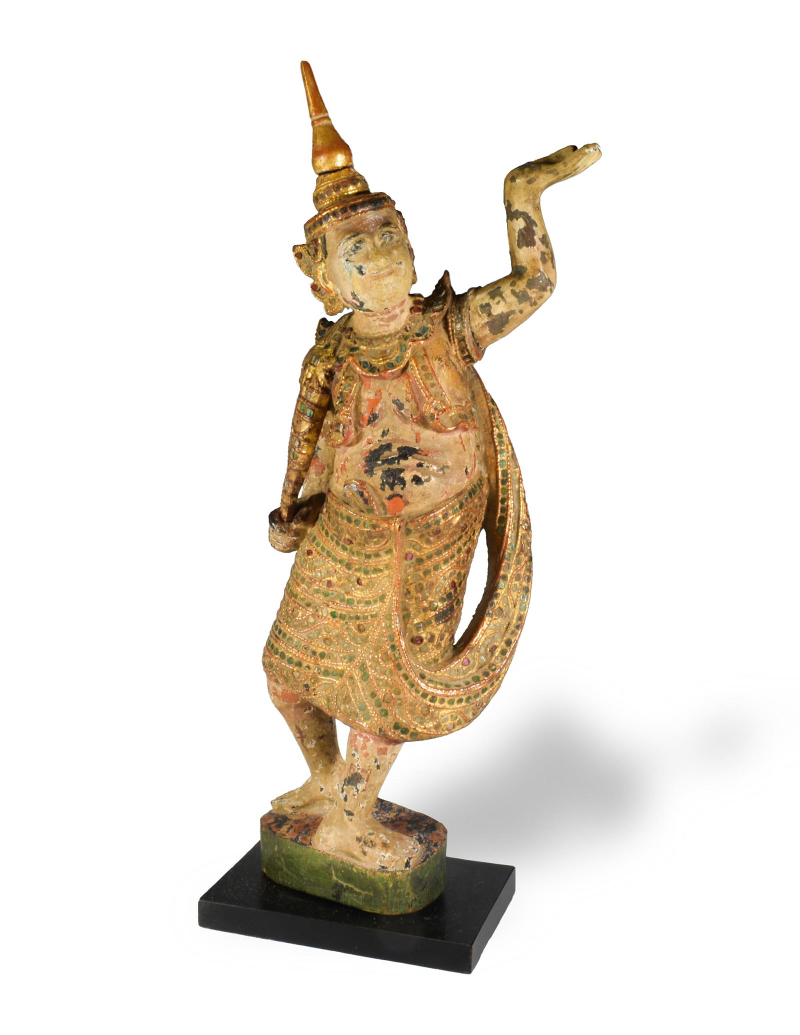 18th or 19th Century Burmese Gilt Wood Figure: An 18th or 19th century Burmese or Thai carved, wood temple figure with gilt and glass decoration. Dimensions are: 16 5/8 inches tall X 8 inches wide; 42.2 cm tall X 30.3 cm wide. All measurements are
