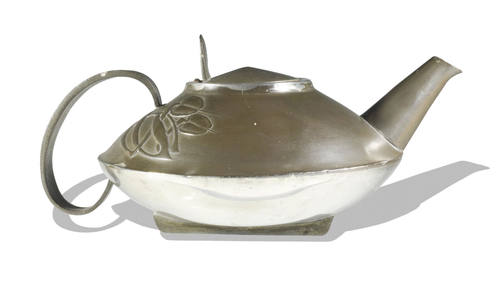 Archibald Knox Tudric Pewter Art Nouveau Teapot: By Liberty & Co. of London, designed by Archibald Knox and made for Liberty by the Birmingham firm of W. H. Haseler. Dimensions are: 10 1/4 inches long X 7 inches wide X 4 inches tall; 26 cm long X 17