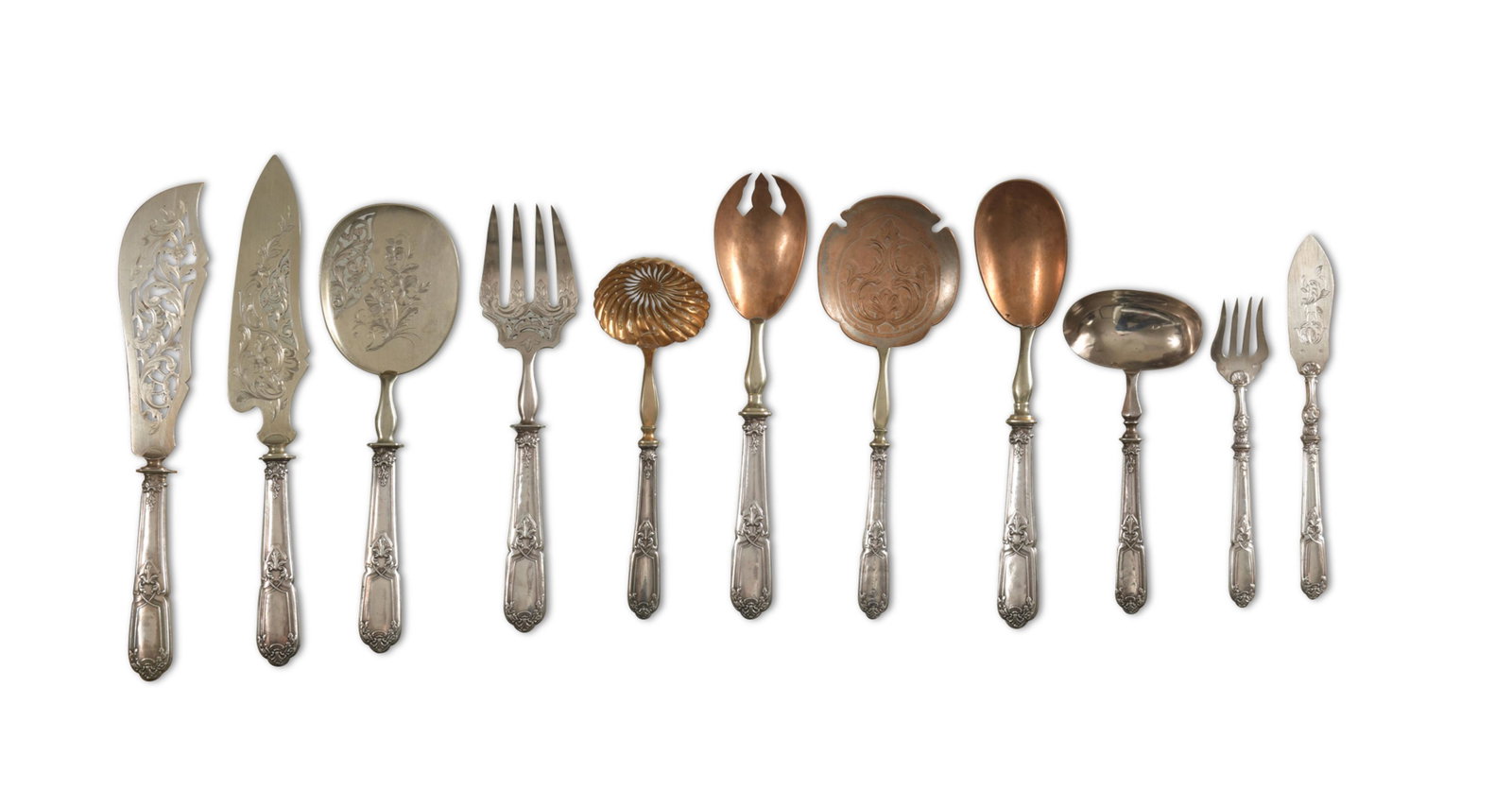 11 French Sterling Flat & Serving Pieces: Unidentified maker and pattern with sterling handles and plated utensils, late 19th century. Several pieces marked with makers mark and Metal Blanc in the utensil ends. Largest, 10 15/16 inches long; 