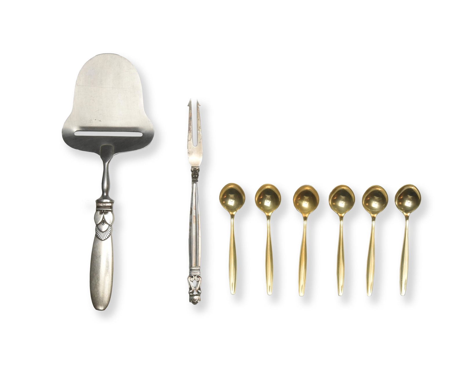 8 George Jensen, Cheese Plane, Pickle, Demitasse: Includes: eight pieces of Georg Jensen sterling silver; a cactus pattern cheese plane with stainless blade; an acorn pattern pickle fork; and six Georg Jensen, mid-century, modern, gilt, silver demita