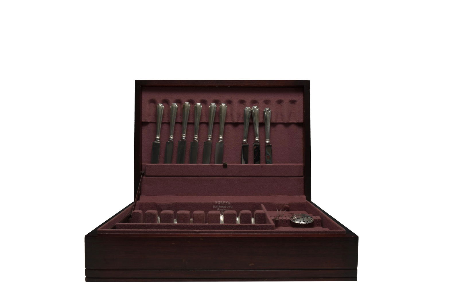 44 Pc. Gorham Fairfax Pattern Sterling Flatware: Gorham / Durgin Fairfax pattern (introduced in 1910) sterling silver flatware, all pieces but one with S, SMS or T monograms. Comes in a mahogany finished silver chest. Set includes: 9 dinner forks (6