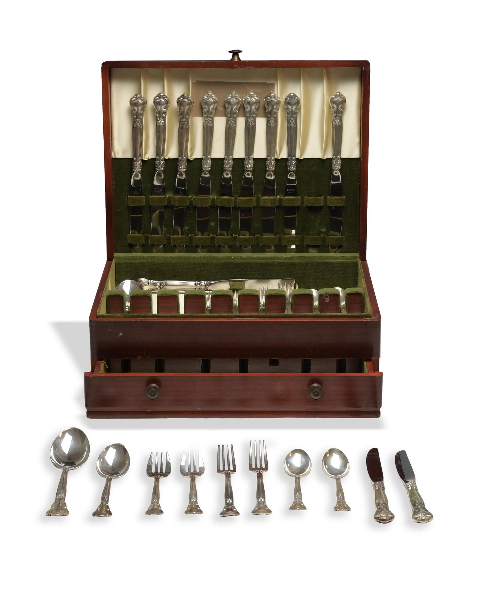 48 Pc. Gorham Chantilly Pattern Sterling Flatware: Gorham Chantilly pattern (introduced in 1895) sterling silver flatware. Set has no monograms. Comes in a mahogany finished silver chest. Set includes: 12 dinner forks, 7 1/2 inches; 19 cm long. 11 sal