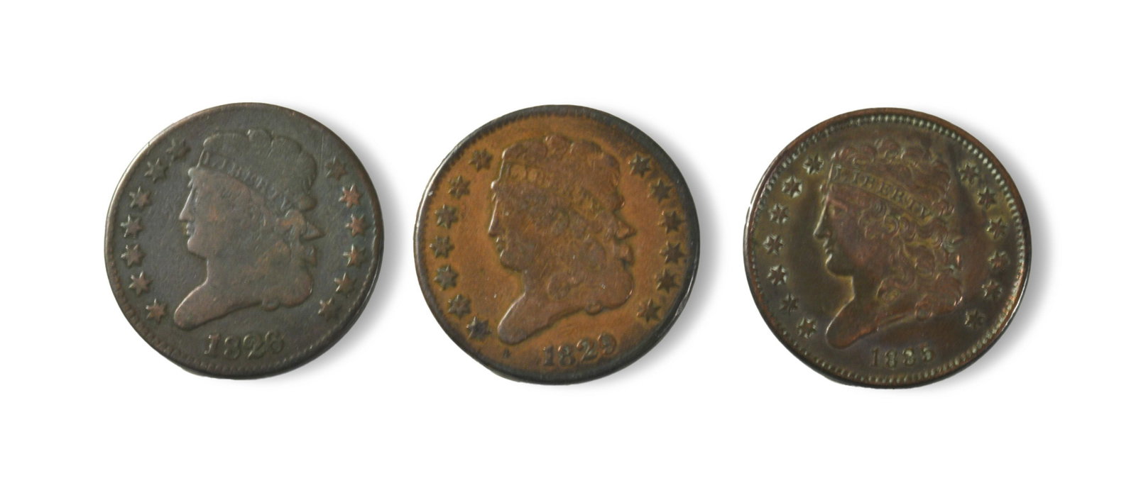 3 US 1/2 Cent Coins, 1826, 1829 & 1835: United States Classic Head 1/2 cent coins; 1826, 1829 and 1835. Dimensions are: 23.56 mm dia. All measurements are approximate. Condition: Un-graded, 1835 is the best of the three. Provenance: From an