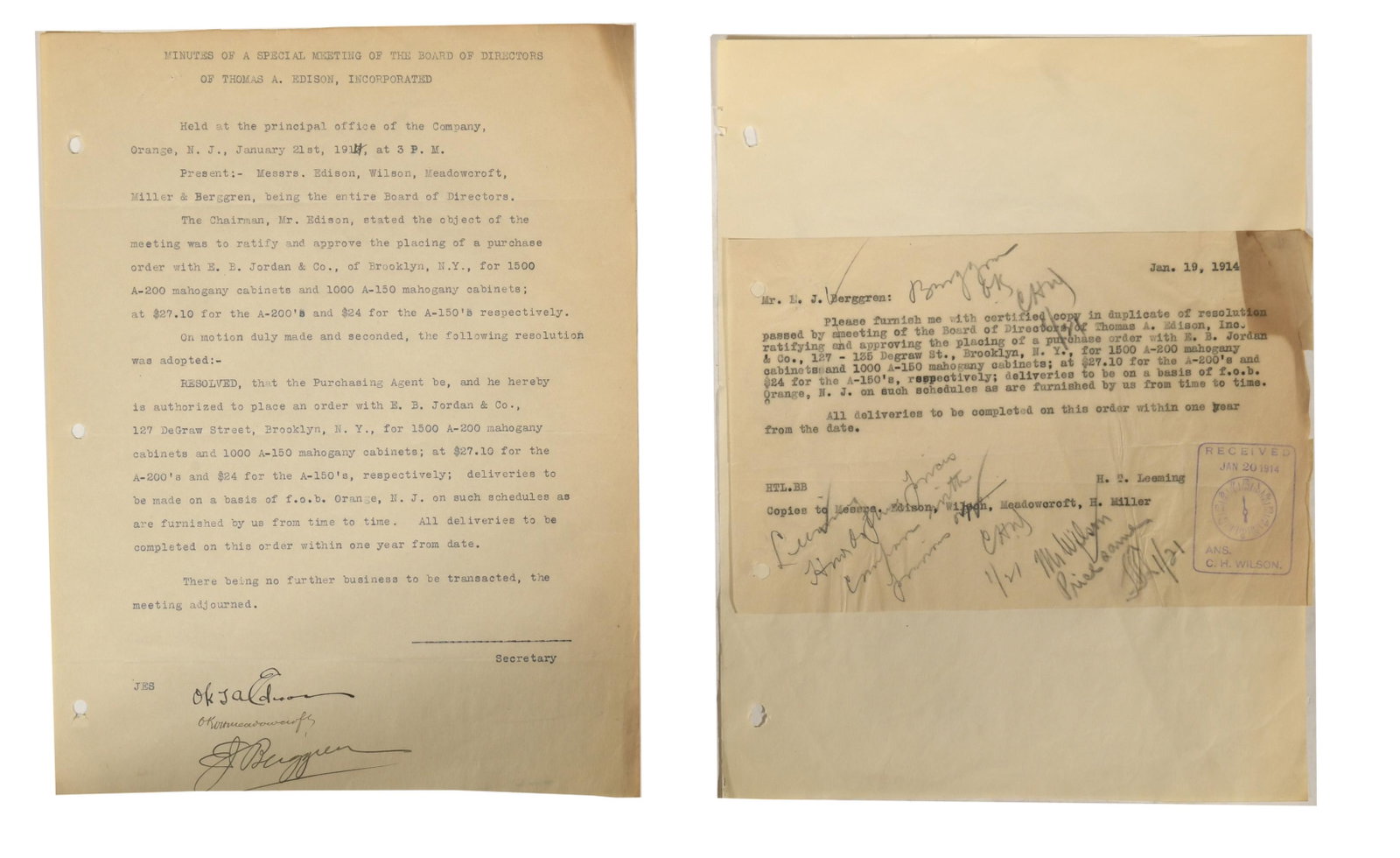 Thomas A. Edison Signed Meeting Minutes, Jan. 1914: Typed copy of the Minutes of a Special Meeting of the Board of Directors of Thomas A. Edison, Inc. from Jan. 2nd, 1914. Meeting resolved to purchase mahogany cabinets from E. B. Jordan & Co. signed in