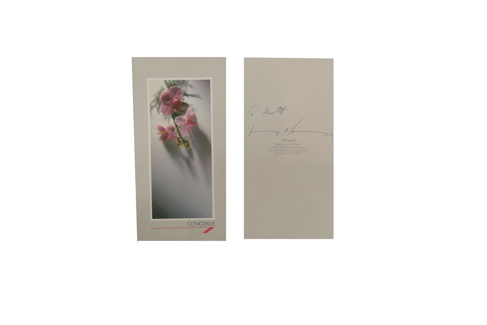 2 Henry A. Kissinger Signed Concorde Menu Folders: Two Concorde Menu folders signed by Henry A. Kissinger (B. 1923) aboard a flight from London to New York, one to Amy and one to Brett. Dimensions are: 11 3/8 inches X 6 inches; 28.9 cm X 15.2 cm. All