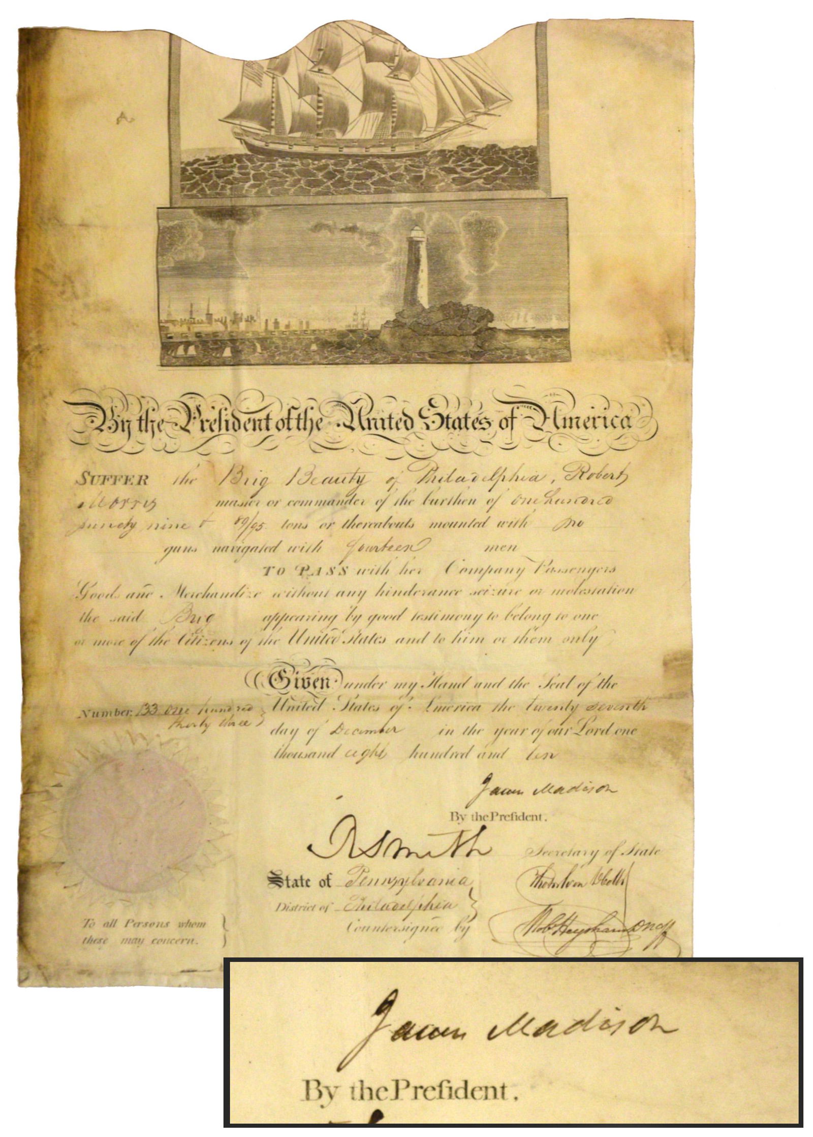 1810 Pres. James Madison Signed Ships Passport: Vellum ship passport for the Brig 'Beauty of Philadelphia' dated Dec. 27, 1810. Strong James Madison signature along with the signature of Secretary of State Robert Smith. Embossed seal is present and