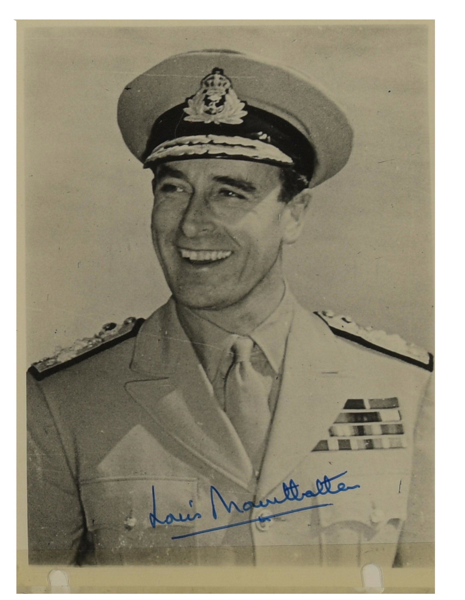 Earl Louis Mountbatten, Lord Admiral, Signed Photo: Imperial War Museum photograph of the Admiral of the Fleet Louis Mountbatten, 1st Earl Mountbatten of Burma (English, 1900-1979). Boldly signed in blue marker. Comes with original purchase receipt fro