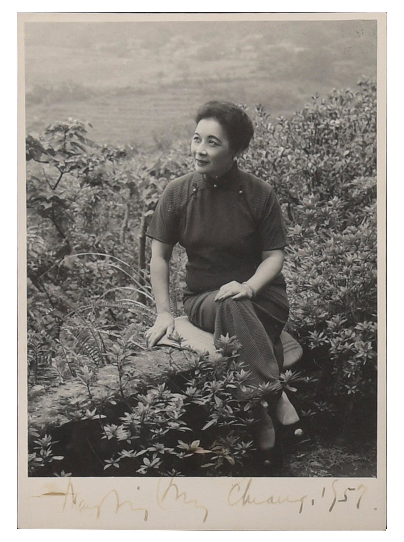Madame Chiang Kai Shek Signed Photo, 1957: Black and White photo of Madame Chiang Kai Shek, signed May Ling Soong Chiang and dated 1957. Dimensions are: 6 7/8 inches X 4 7/8 inches; 17 cm X 12 cm. All measurements are approximate.
