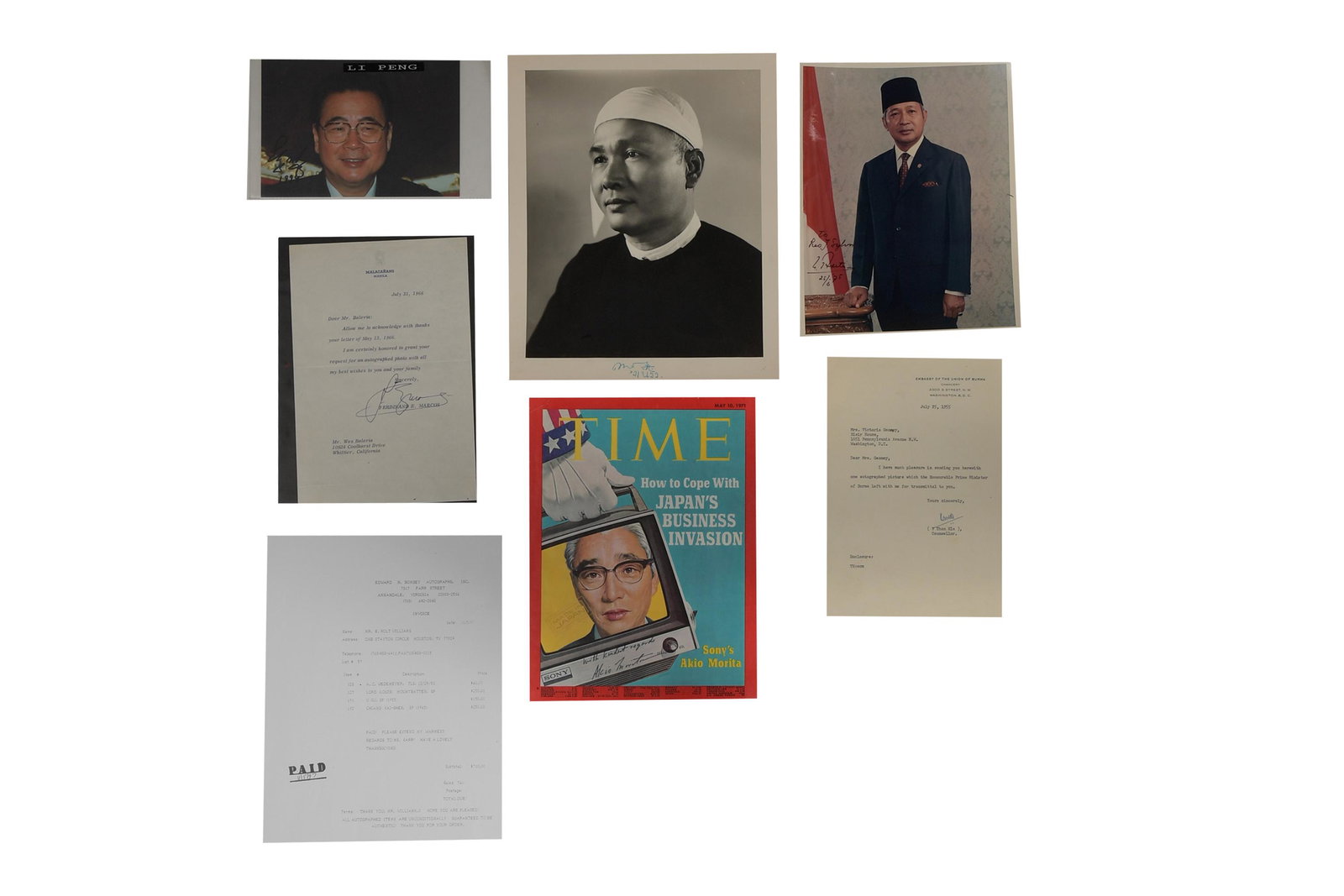 5 TLS Marcos, Signed Photos, Suharto & U Nu, Etc.: 1966 TLS from President Ferdinand Marcos (1917-1989), dated July 31, 1966. Autographed photo of Suharto (1921-2008) as President dated, 25/6/75. Autographed photo of U Nu as Prime Minister of Burma wi