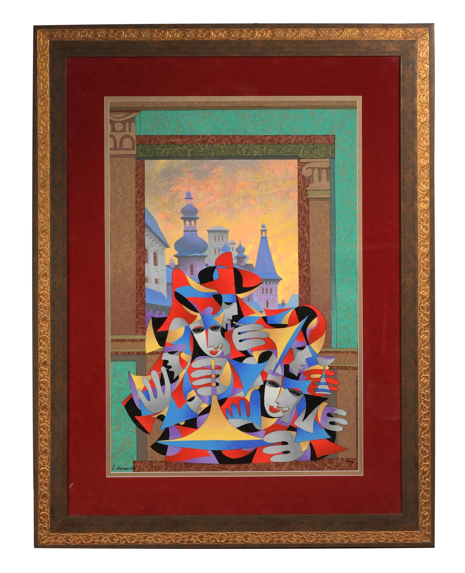 Anatole Krasnyansky Signed Lithograph 20/450: A signed, framed lithograph titled 'Gold and Teal Overlooking the City' no. 20/450 by Anatole Krasnyansky (Ukrainian / American B. 1930). Signed lower left, numbered lower right. Includes the original
