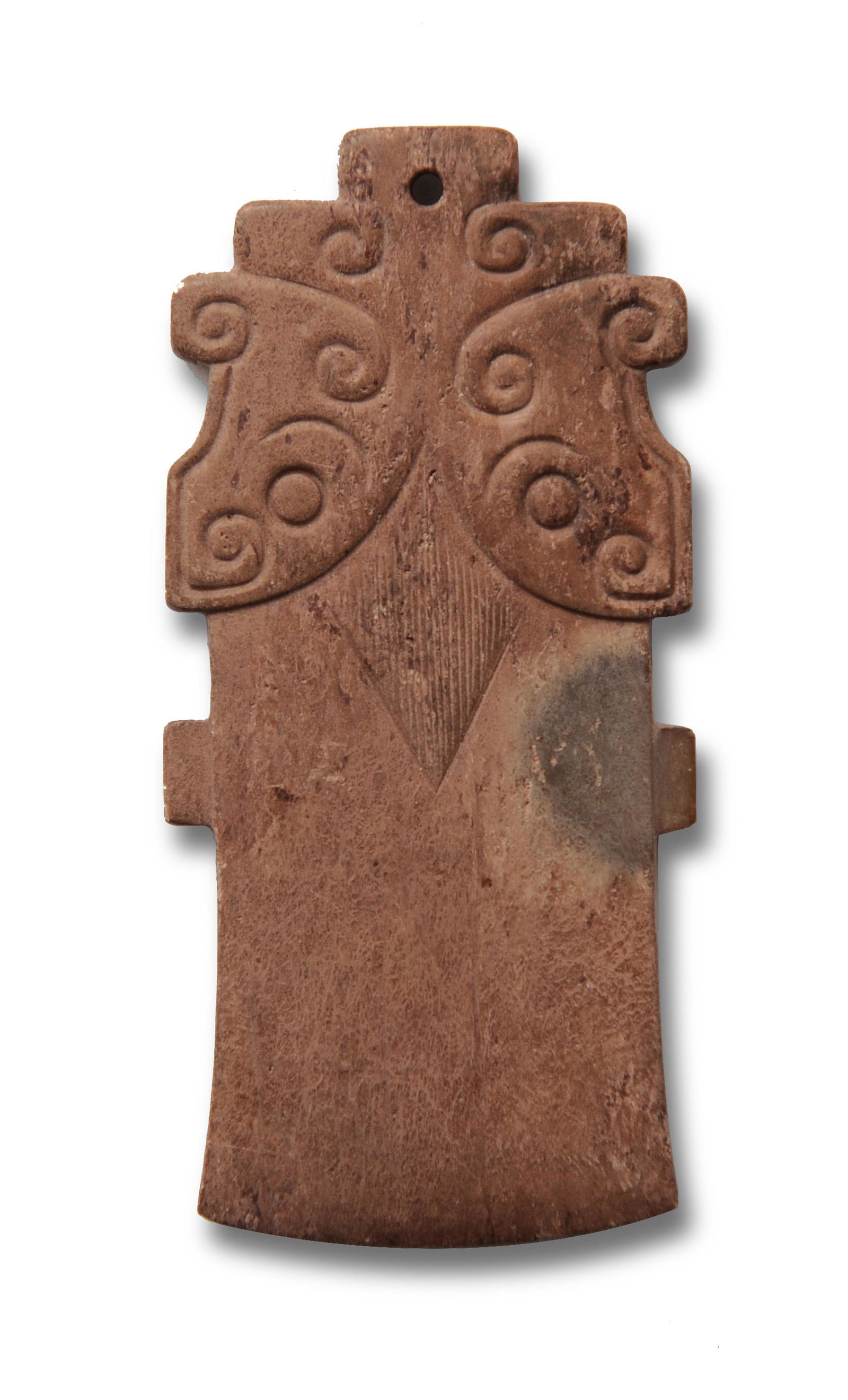 Chinese Axe Shaped Jade Plaque, Warring State: A Chinese jade plaque in the shape of an axe blade and dating from the Warring states period. The plaque is carved with stylized ruyi motifs. Dimensions are: 3 1/4 inches tall X 1 3/8 inches wide, 8.3
