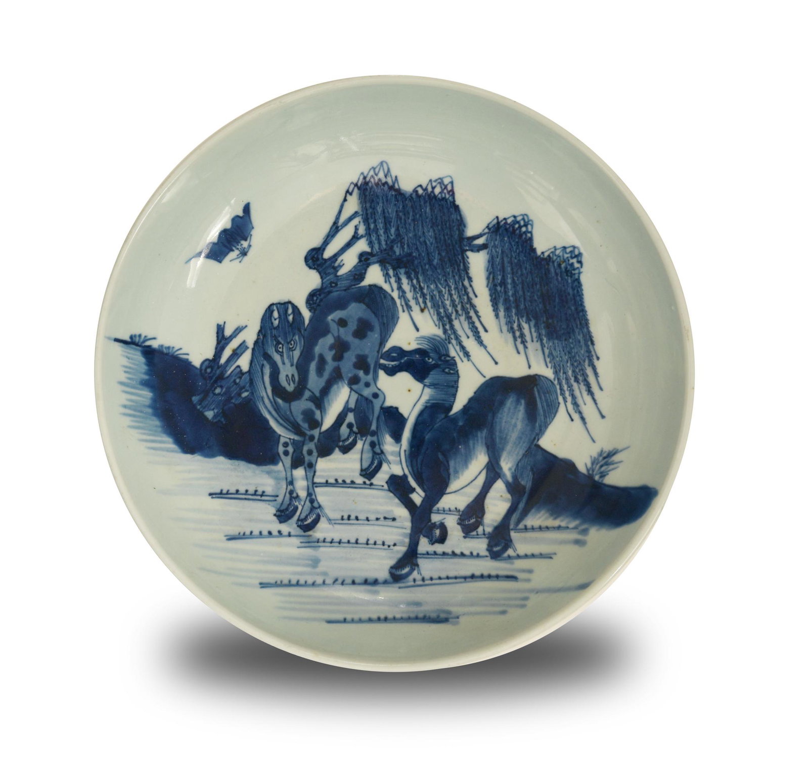 Chinese Blue and White Plate with 2 Horses, Yongzheng: A Chinese blue and white porcelain charger dating from the Yongzheng period. The interior features a pair of horses with a bat in a landscape. The exterior features two bamboo motifs. Dimensions are: 