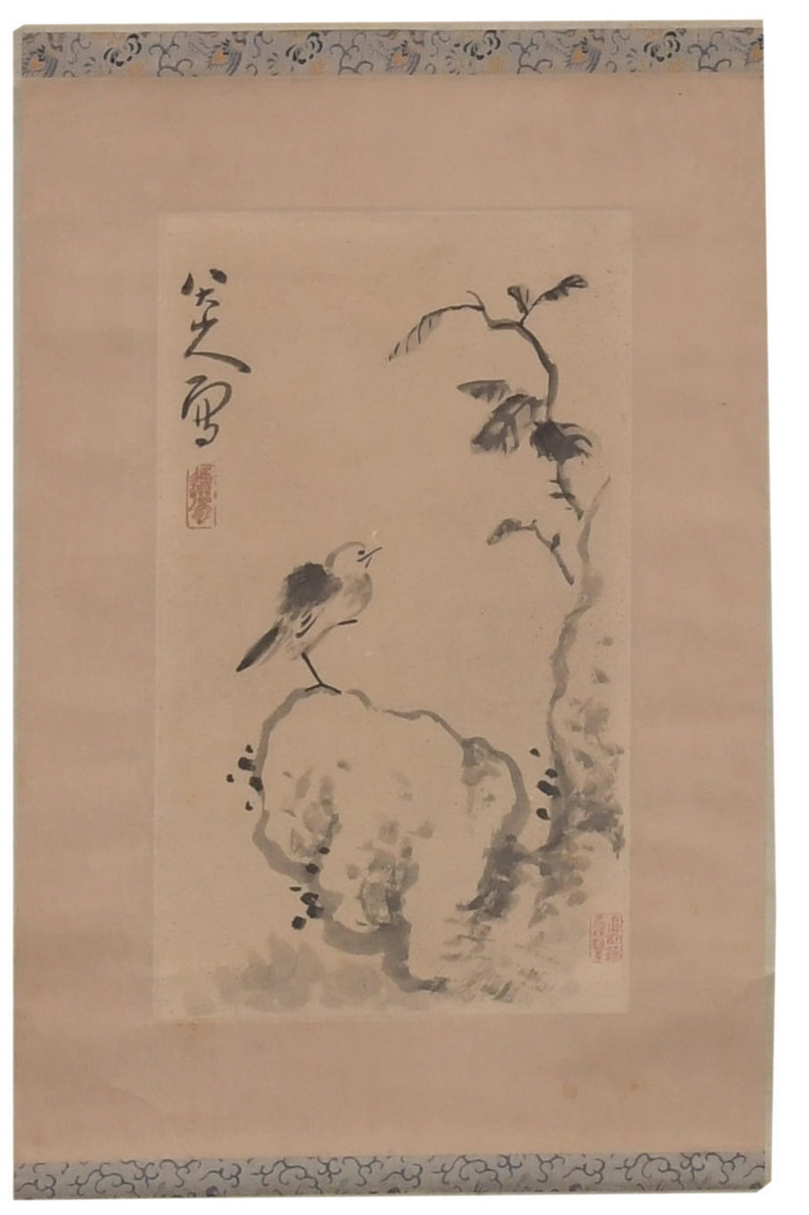 Chinese Painting of Bird, attrib. Bada Shanren: A Chinese ink painting on gold-flecked paper attributed to Bada Shanren of a bird on a rock. The painting has an inscription, 2 seals, and is mounted on a silk backing and 1 wooden dowel. Dimensions a