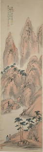 Chinese Landscape Painting by Liang Yuwei: A Chinese watercolor and ink on paper painting by Lian Yuwei. The painting depicts 2 figures in a mountain landscape with pine trees. It includes 4 seals and an inscription and is mounted on a silk ba