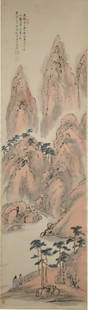 Chinese Landscape Painting by Liang Yuwei: A Chinese watercolor and ink on paper painting by Lian Yuwei. The painting depicts 2 figures in a mountain landscape with pine trees. It includes 4 seals and an inscription and is mounted on a silk ba