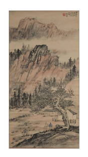 Chinese Landscape Painting by Zhao Wangyun, 1941: A Chinese watercolor and ink on paper painting by Zhao Wangyun dating from 1941. The painting depicts 7 figures in a mountain landscape. It includes an inscription and 1 seal and is mounted on silk ba