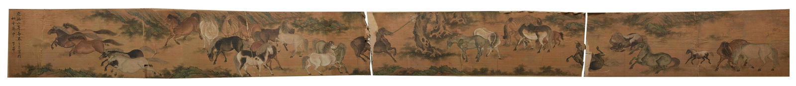 Chinese Scroll Painting of Horses, 19th Century: A Chinese watercolor and ink painting on silk of horses on a landscape in the style of Zhao Zi'ang and dating from the 19th century. The painting has an inscription, one seal, and is mounted on a silk