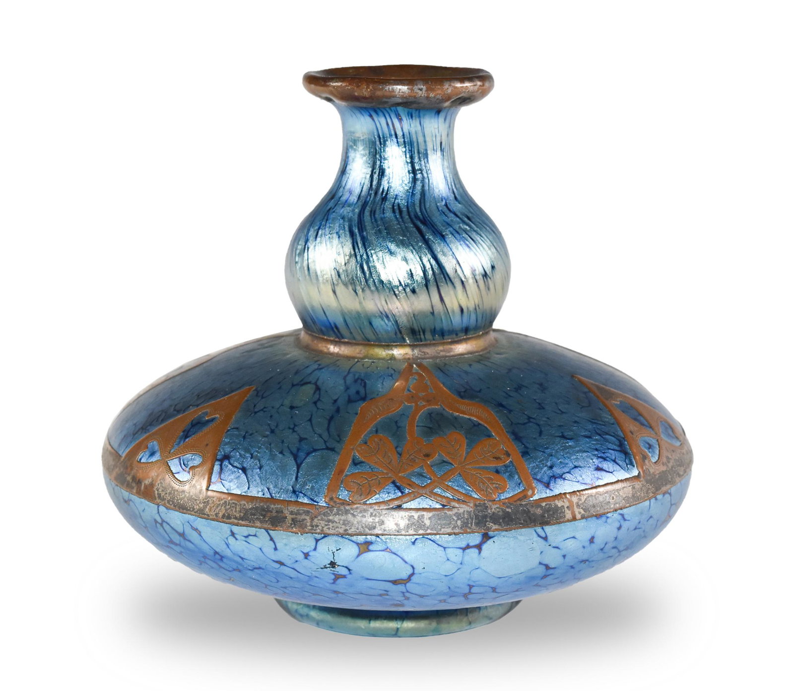 Loetz Blue Iridescent Vase with Copper Overlay: Loetz blue iridescent vase with copper overlay in the shapes of three leaf clovers. Copper overlays are located on the upper portion of the vase, neck, and circling the rim opening. No maker's mark on